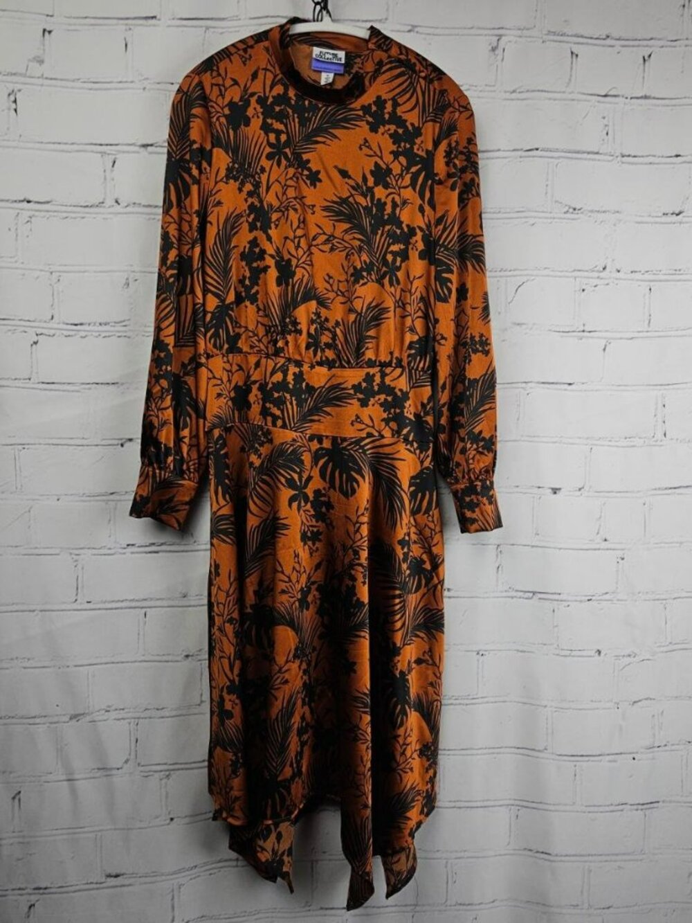 Brown Satin Floral Midi Dress Handkerchief Hem Womens L Future Collective Fall